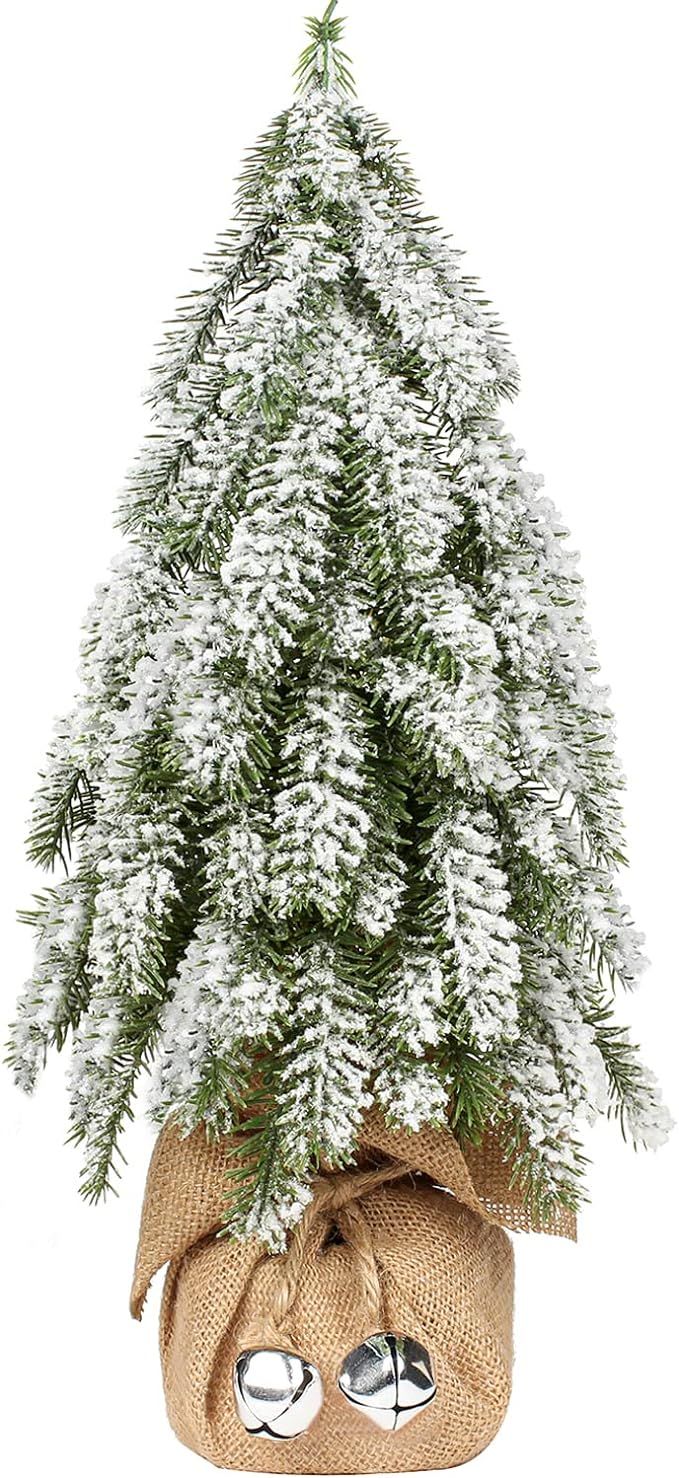 Amazon.com: Small Tabletop Christmas Tree, Mini Flocked Christmas Tree with Jingle Bells and Burl... | Amazon (US)