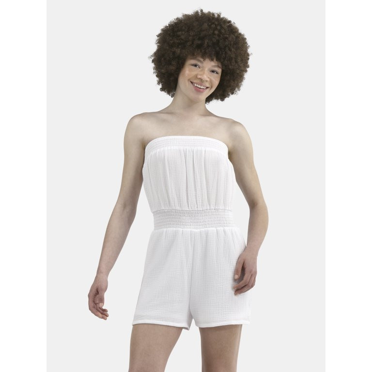 No Boundaries Cotton Smocked Waist Strapless Romper, Women's | Walmart (US)