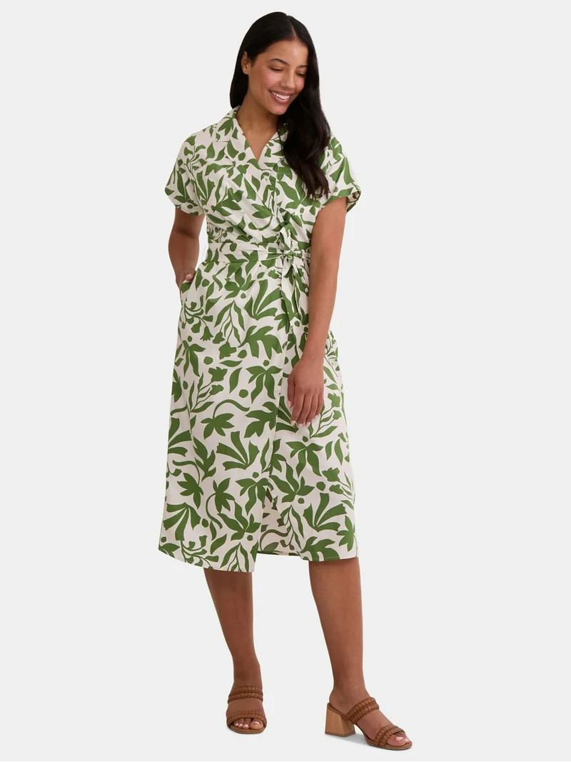 Time and Tru Women's Midi Wrap Shirt Dress, Sizes XS-XXXL | Walmart (US)