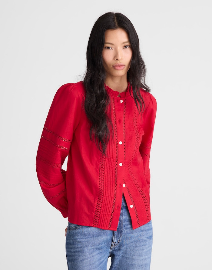 High-Neck Lace-Insert Pintuck Top | Madewell