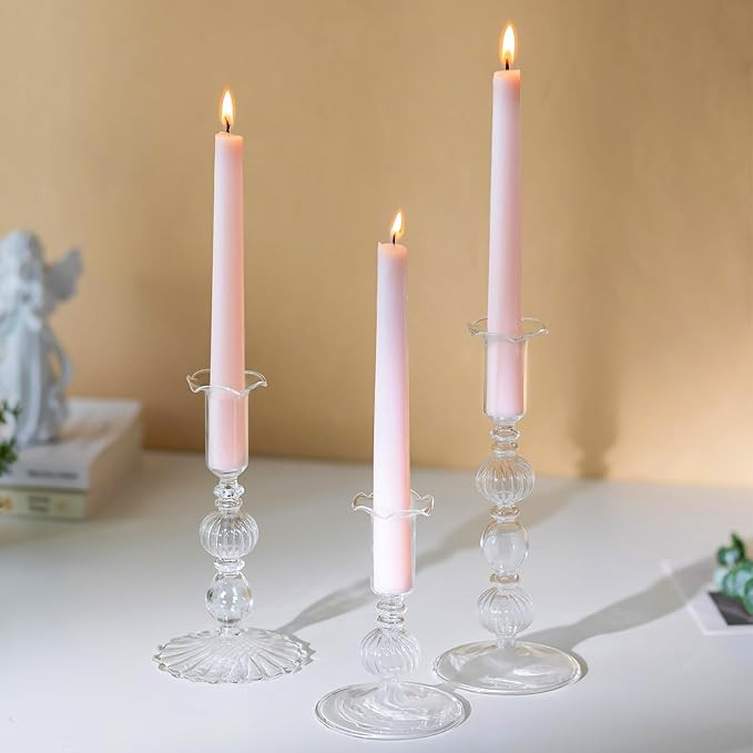 Glasseam Glass Tapered Candlestick Holders: Set of 3 Clear Candle Sticks Holder Decor with Bobech... | Amazon (US)