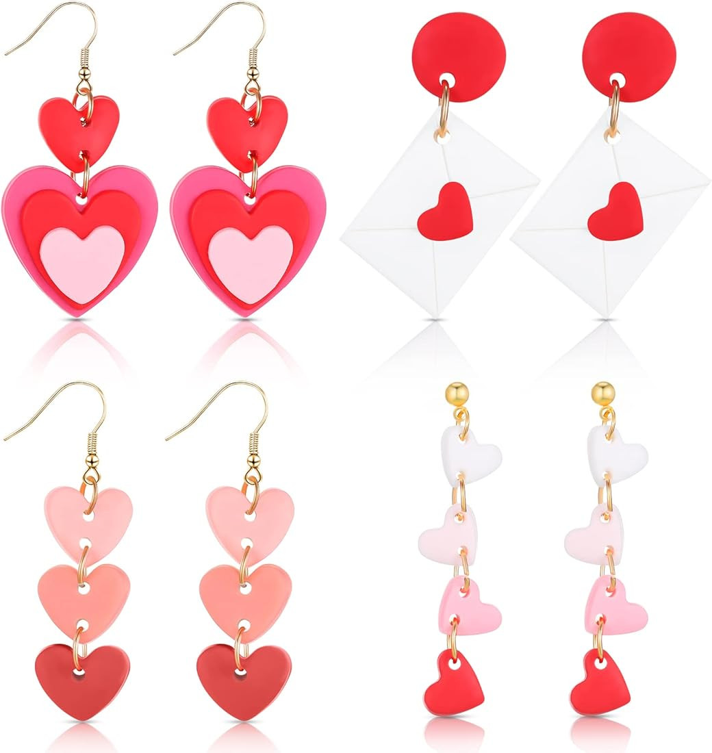 Amazon.com: Meanplan 4 Pairs Women Valentine's Day Earrings Heart Clay Earrings Handmade Dangle E... | Amazon (US)