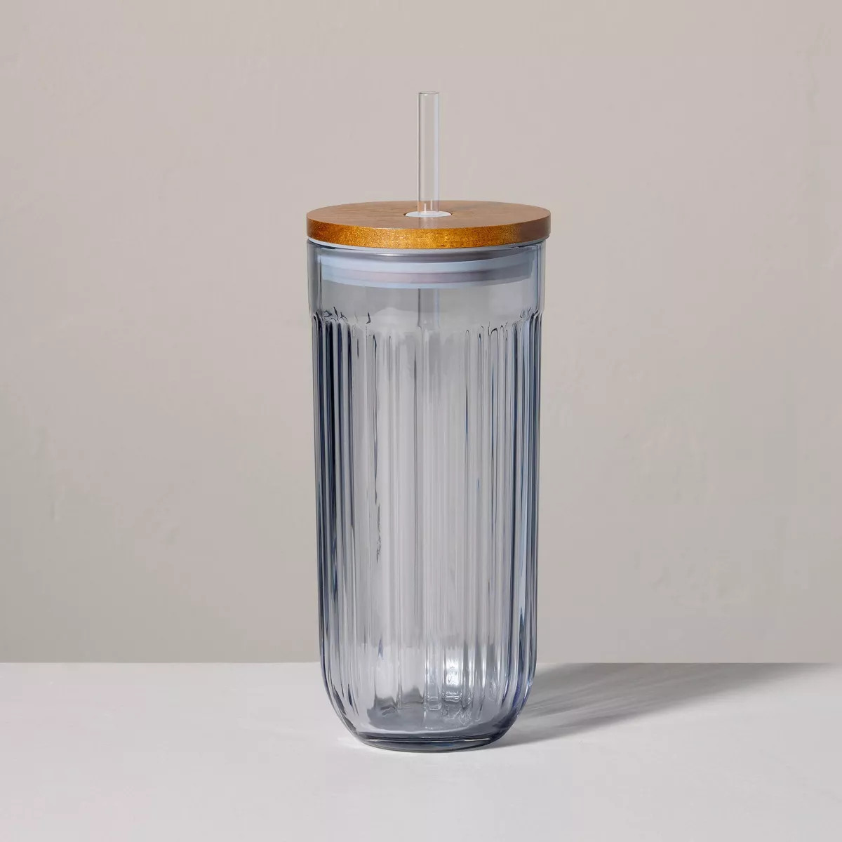 21oz Fluted Glass Tumbler with Wood Lid Blue - Hearth & Hand™ with Magnolia | Target