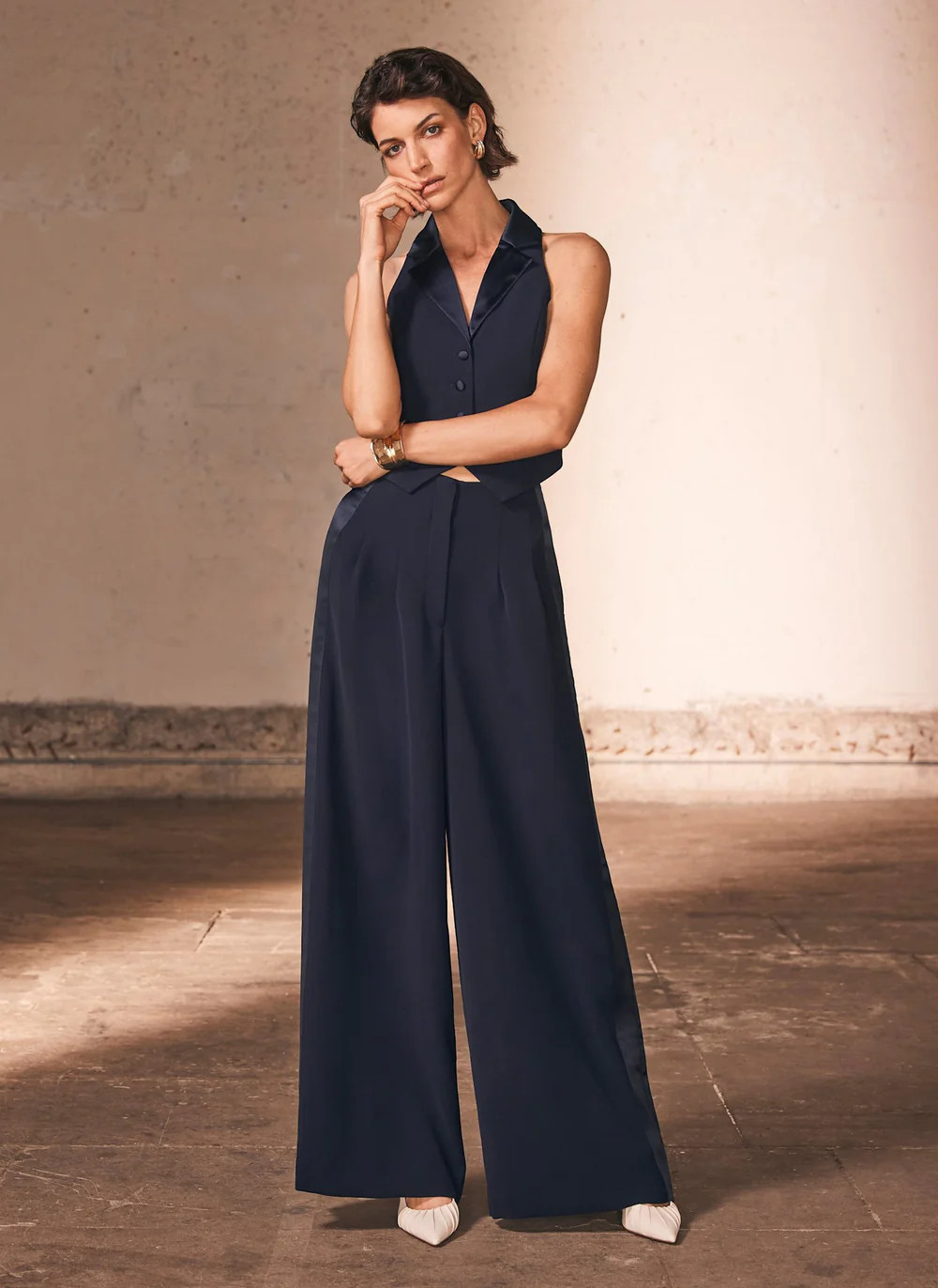 Navy Wide Tuxedo Trousers | Mint Velvet