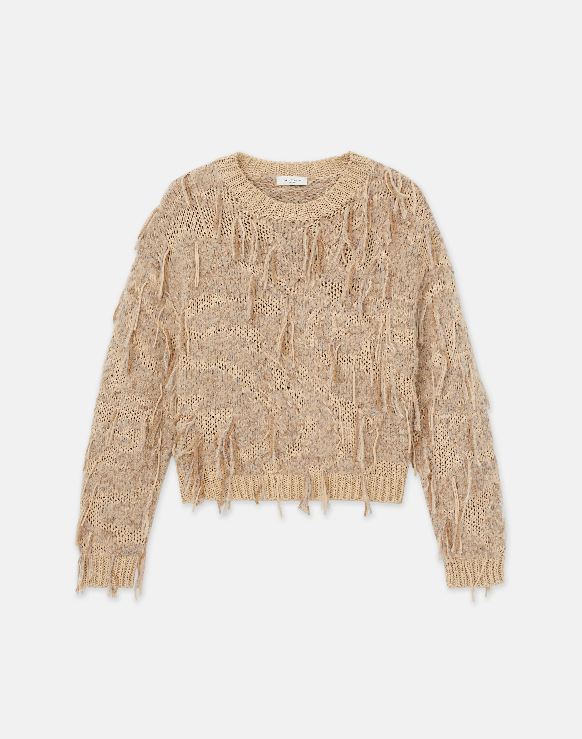Hand-Knit Fringed Crewneck Sweater | Lafayette 148 NY