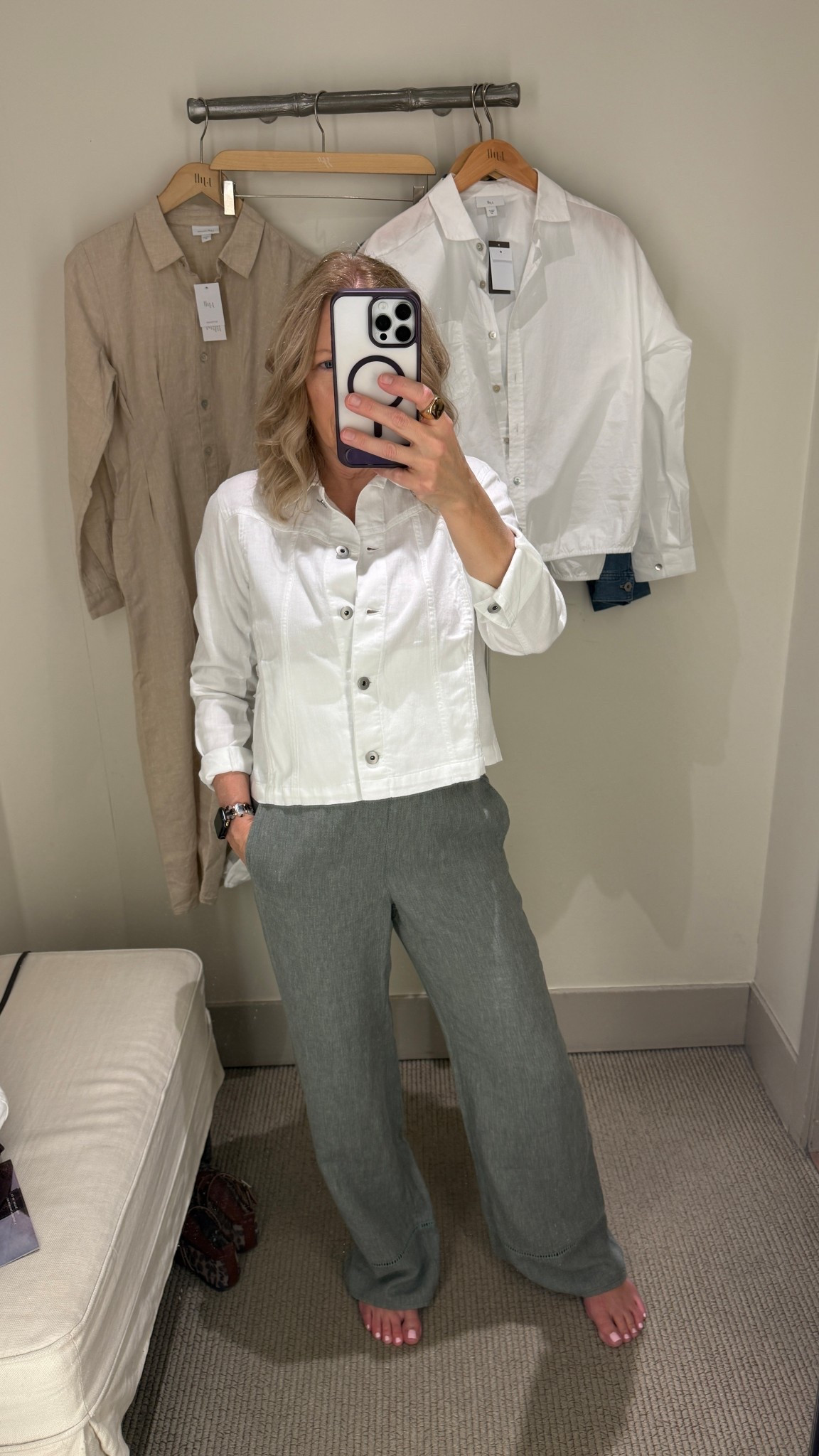 THE best light weight denim jacket!  Linen and cotton blend.  Literally goes with everything. Layer over a tee, a dress, or pair with your favorite skirt or pants. Easy to dress up or down. J Jill size small.  Linen pants are so soft and comfortable. Elastic waist in the back but smooth clean look on the front. J Jill size small. I’m 5’3 and the length is perfect .

#LTKootd #LTKWorkwear #LTKgrwm