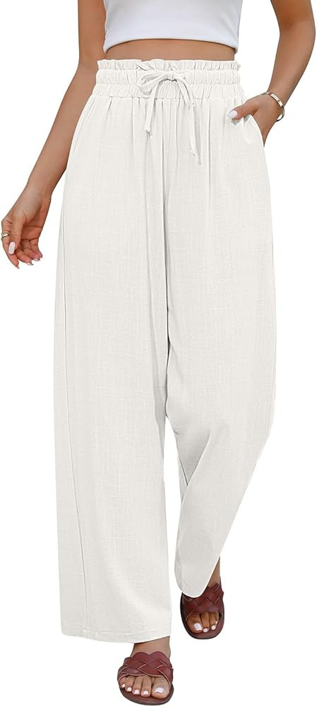AFFA Women's High Waist Linen Pants Wide Leg Drawstring Pants Summer Casual Loose Pant Beach Trou... | Amazon (CA)