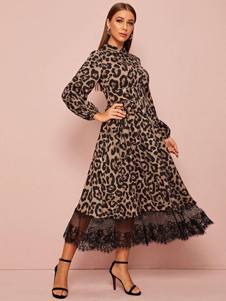 SHEIN Collared Lace Hem Leopard Dress | SHEIN