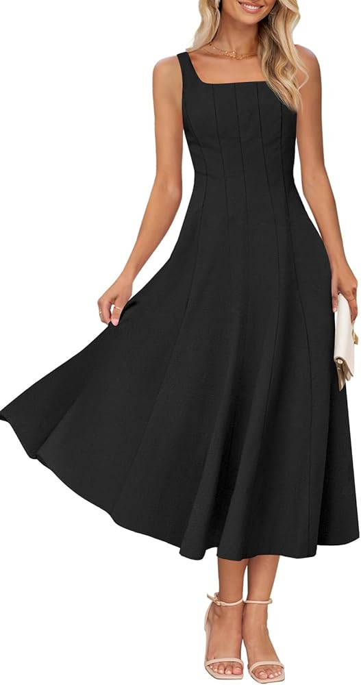 MEROKEETY Women's 2025 Summer Sleeveless Midi Dress Square Neck Smocked Flowy A Line Beach Dresse... | Amazon (US)