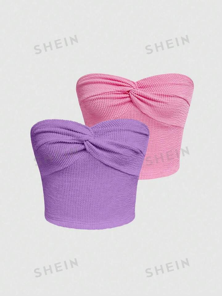 SHEIN EZwear Women's Solid Color Twist Knot Strapless Crop Top | SHEIN