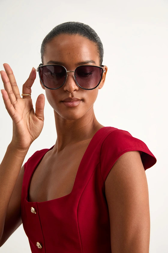 Rhonwen Black and Gold Oversized Sunglasses | Lulus