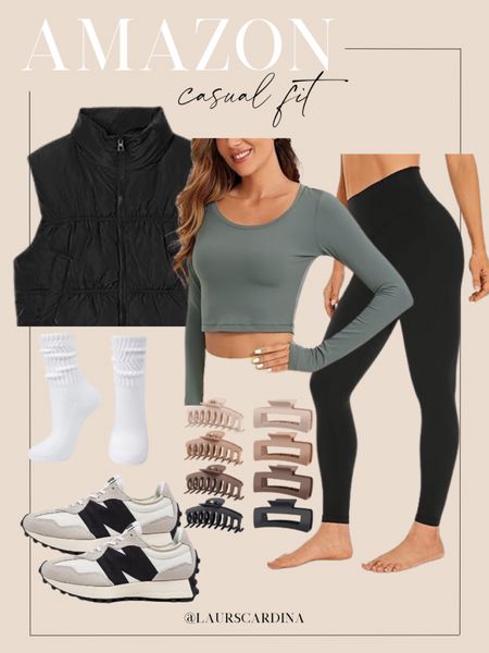 This casual fit from Amazon includes a long sleeve fitted crop tee paired with black leggings, a black cropped puffer vest, New Balance sneakers, white scrunchie socks, and hair clips. 

Ootd, athleisure, casual outfit, workout, yoga

#LTKstyletip #LTKshoecrush #LTKfindsunder50