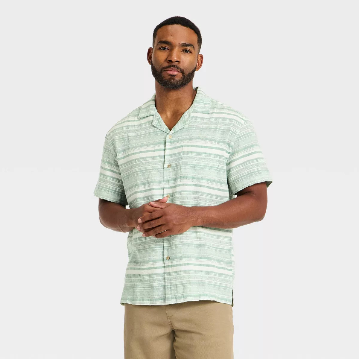 Men's Short Sleeve Camp Shirt - Goodfellow & Co\u2122 Green Striped S | Target