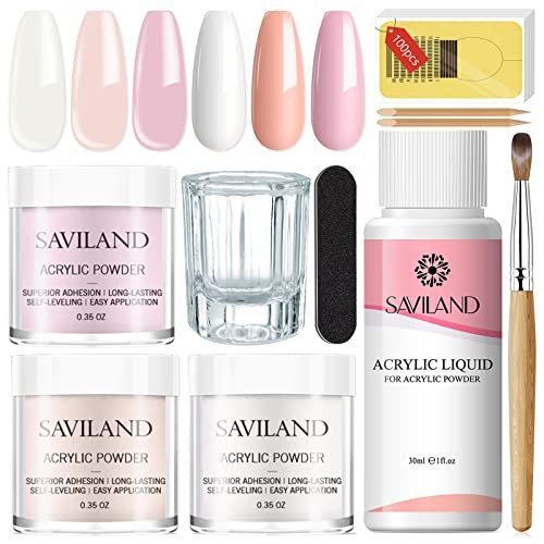 Saviland Acrylic Nail Starter Kit: Clear Pink Nude Acrylic Powder & Liquid, Brush, Files, Forms, Press On Nails, Home Practice Set | Amazon (US)