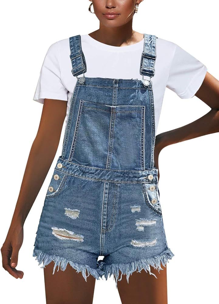 luvamia Women's Ripped Short Overalls Adjustable Denim Bib Overall Shorts Romper | Amazon (US)