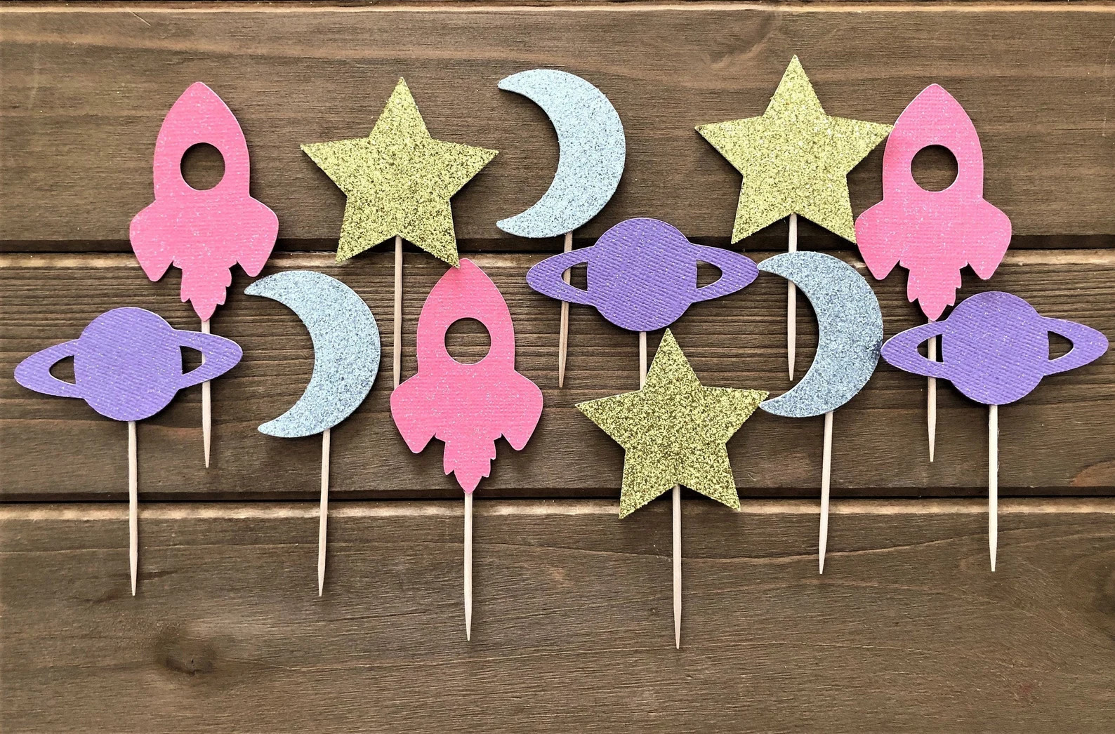 Space Cupcake Toppers: Glitter Star, Moon, Rocket & Planet Party and Shower Decorations | Etsy (Global)