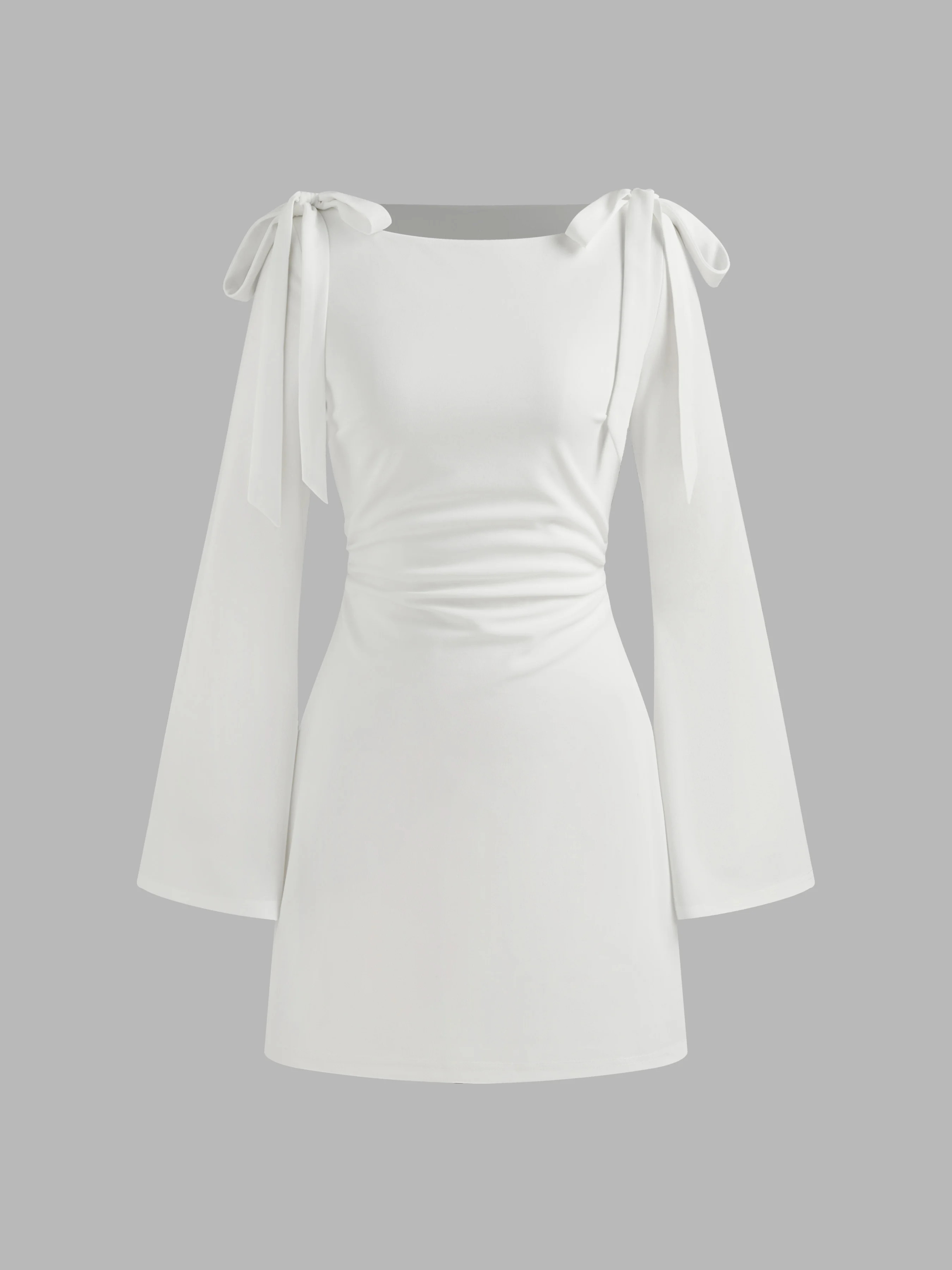 Knit Fabric Boat Neckline Solid Ruched Bowknot Mini Dress For School Date | Cider