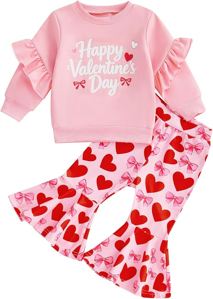Baby Girl Valentines Outfit Heart Embroidery Long Sleeve Sweatshirt Plaid Bell Bottom 2Pcs Clothe... | Amazon (US)