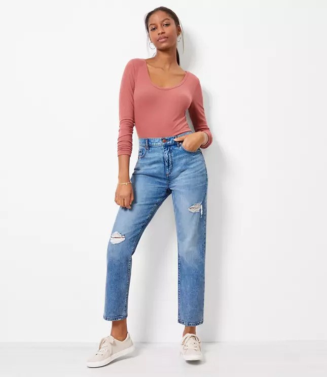 The Destructed High Waist Straight Crop Jean in Authentic Light Indigo Wash | LOFT