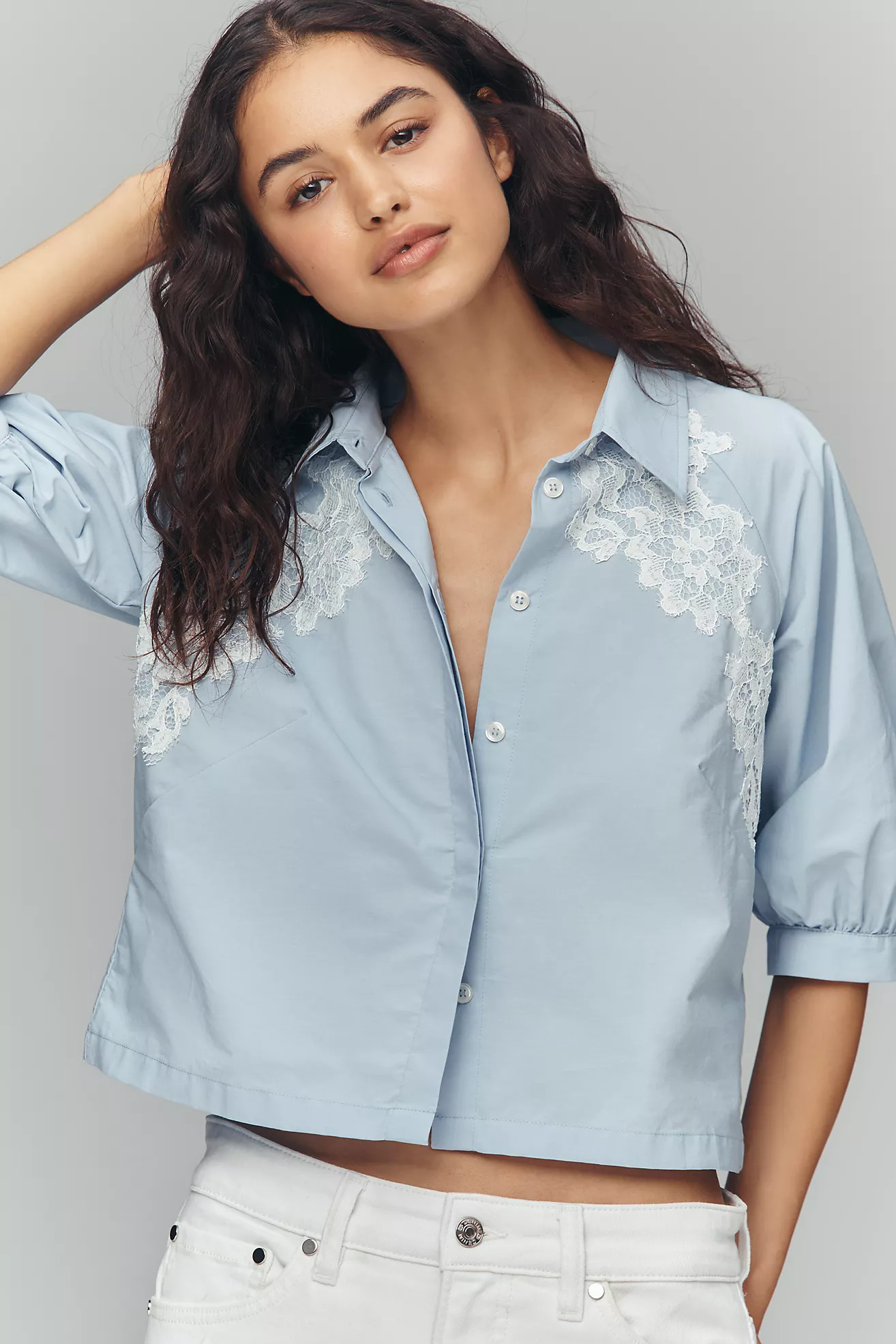 Maeve Lace Half-Sleeve Crop Buttondown Shirt | Anthropologie (US)