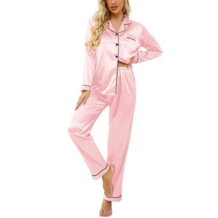 Aideaone Women s Summer Classic Button Down Long Satin Silk Pajama Set V-Neck Silk Pjs with Pockets | Walmart (US)