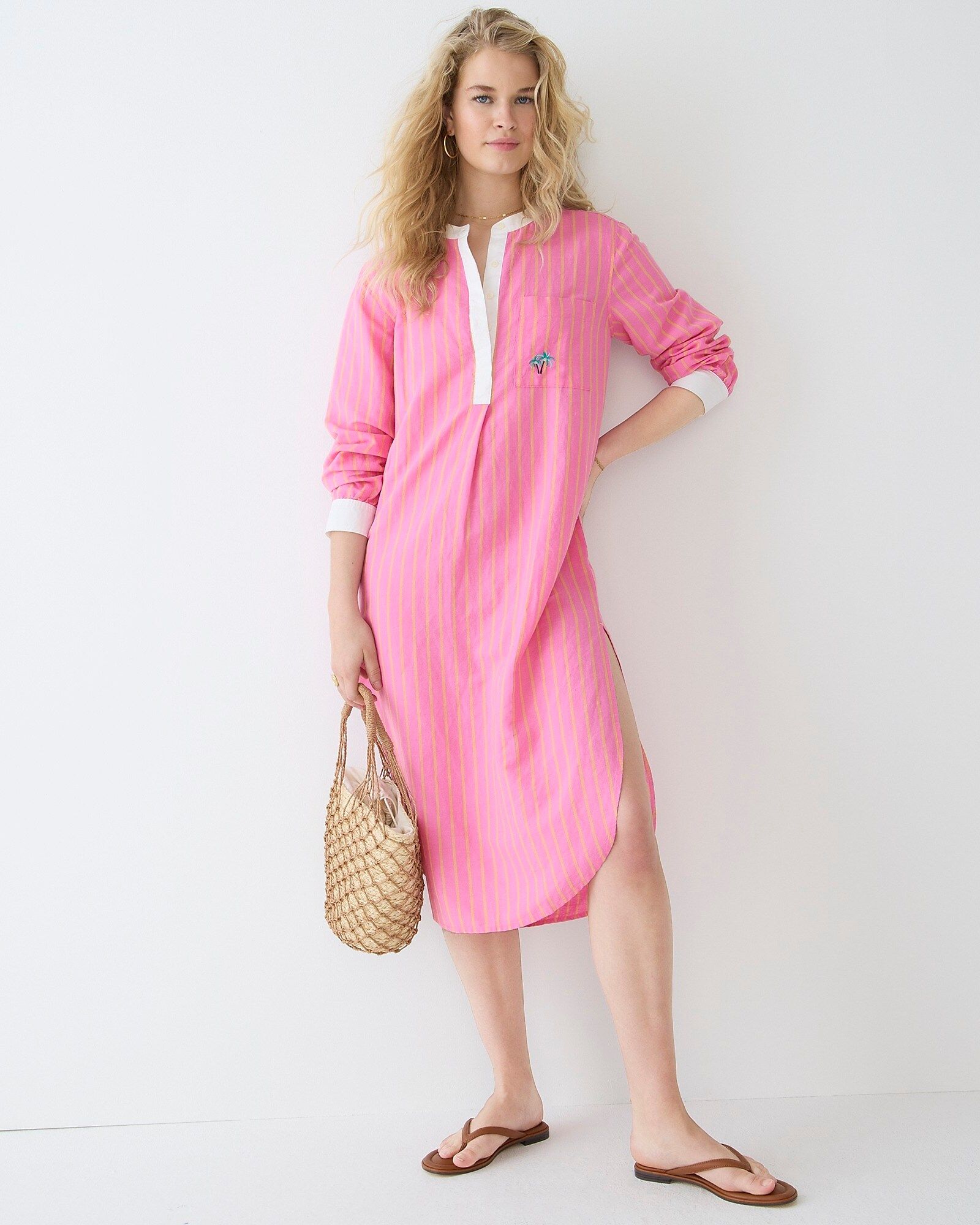 Cotton-linen popover cover-up shirtdress in pink stripe | J.Crew US