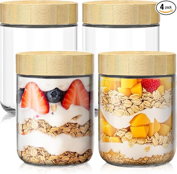 4 pack 16oz Overnight Oats Containers with Bamboo Lids, Glass Jars with Airtight Lids for Meal Pr... | Amazon (US)