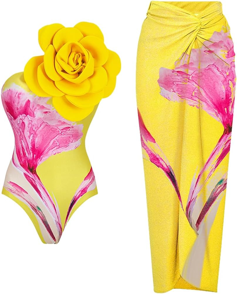 IMEKIS Women 2 Piece Swimsuit with Cover Ups Set Flower Swimwear Sarong Bathing Suits Summer Holi... | Amazon (US)