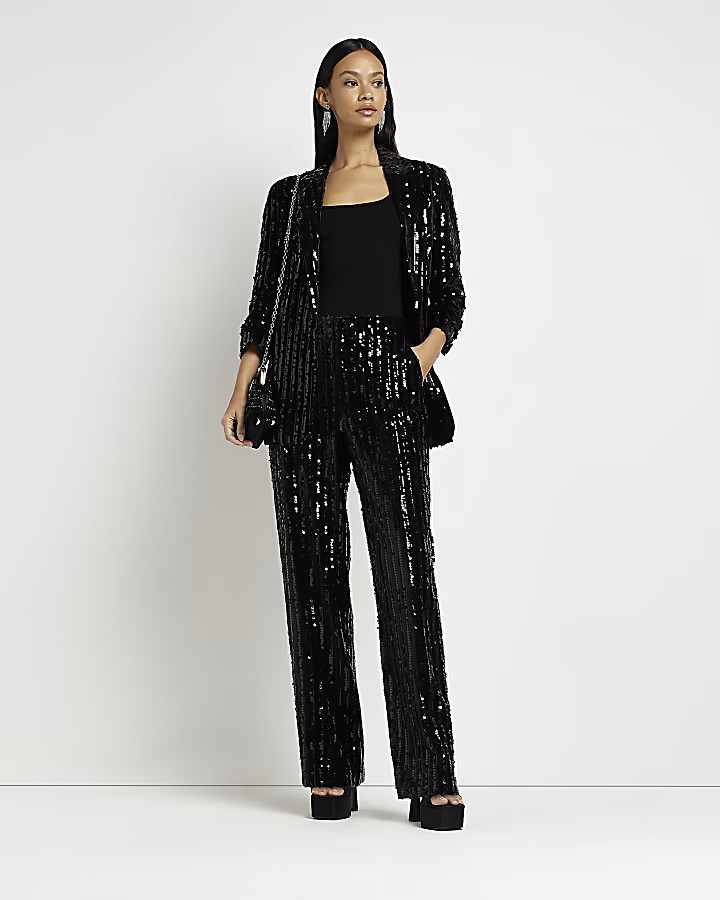 Black sequin wide leg trousers | River Island (UK & IE)