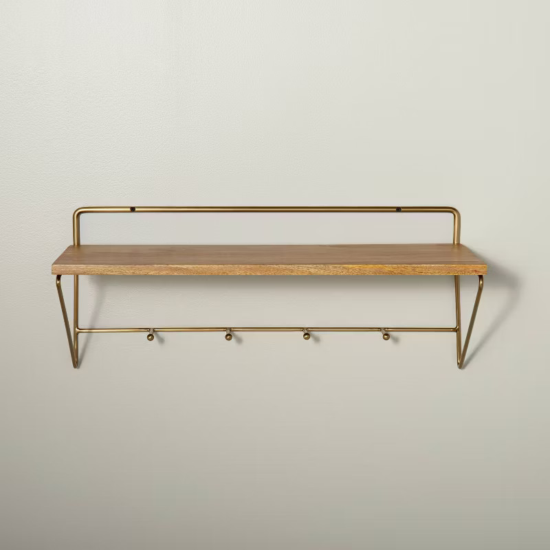 24" Wood & Brass Wall Shelf with Hooks - Hearth & Hand™ with Magnolia | Target
