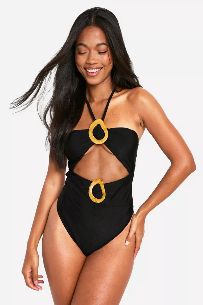 Trim Detail Cut Out Halter Swimsuit | boohoo (US & Canada)
