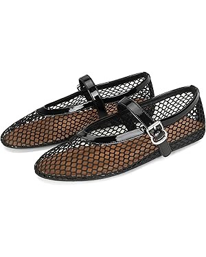 DOEYG Mesh Ballet Flats for Women Buckle Strap Comfy Casual Office Fishnet Ballerina Flat Shoes | Amazon (US)