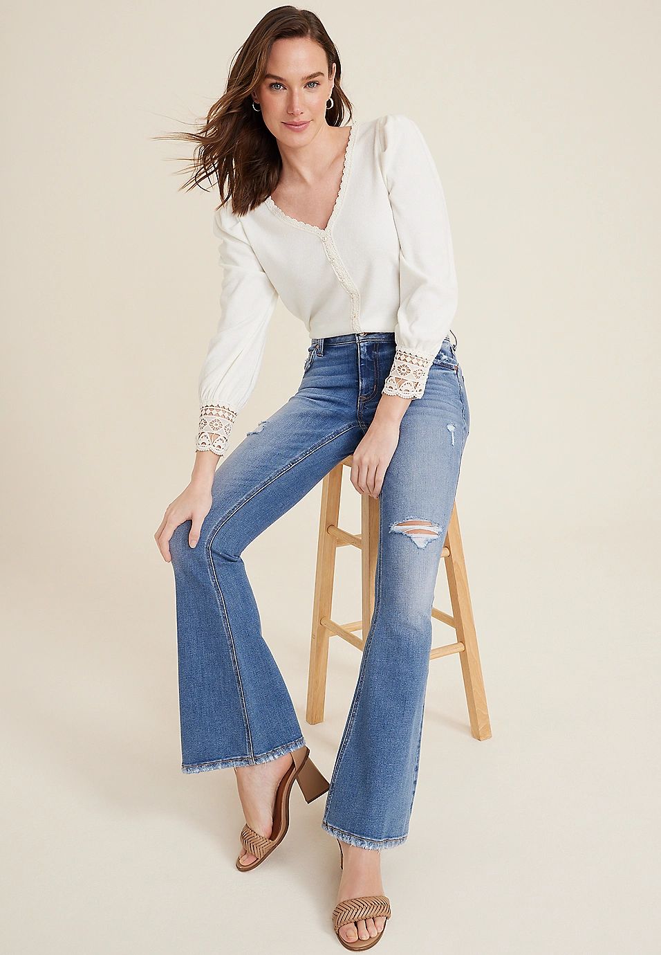 edgely™ Mid Rise Ripped Flare Jean | Maurices