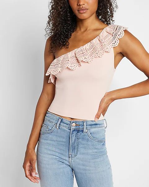 Lace Ruffle One Shoulder Cropped Tank | Express