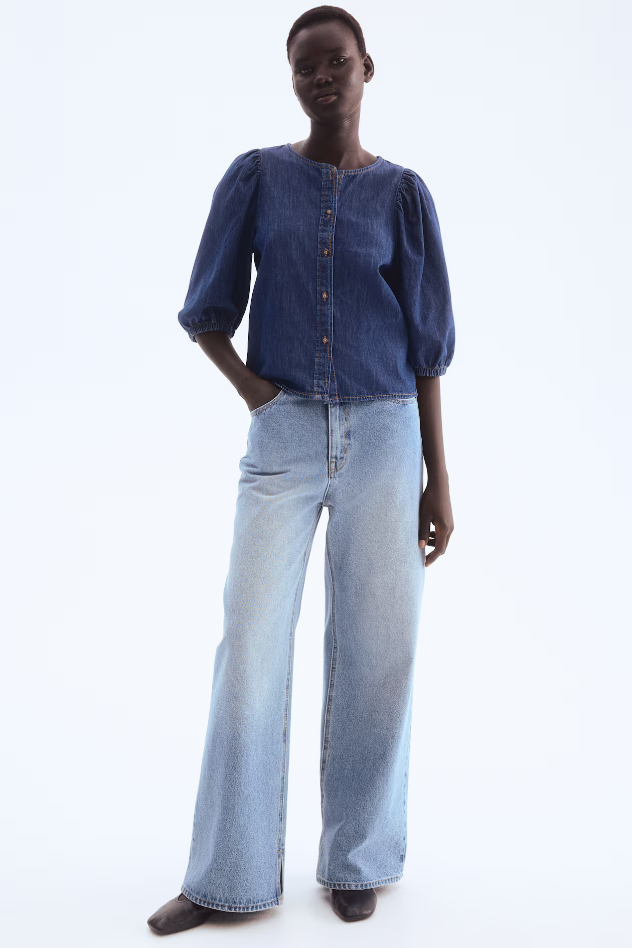 Balloon-sleeved denim blouse | H&M (UK, MY, IN, SG, PH, TW, HK)