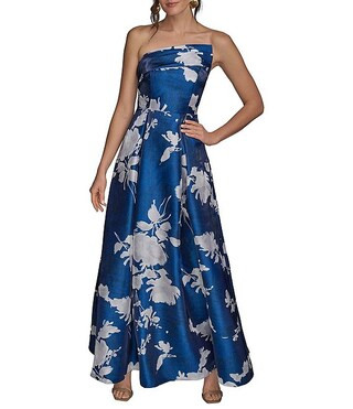 Floral Print Shimmer Mikado Strapless Asymmetrical Neck Gown | Dillard's