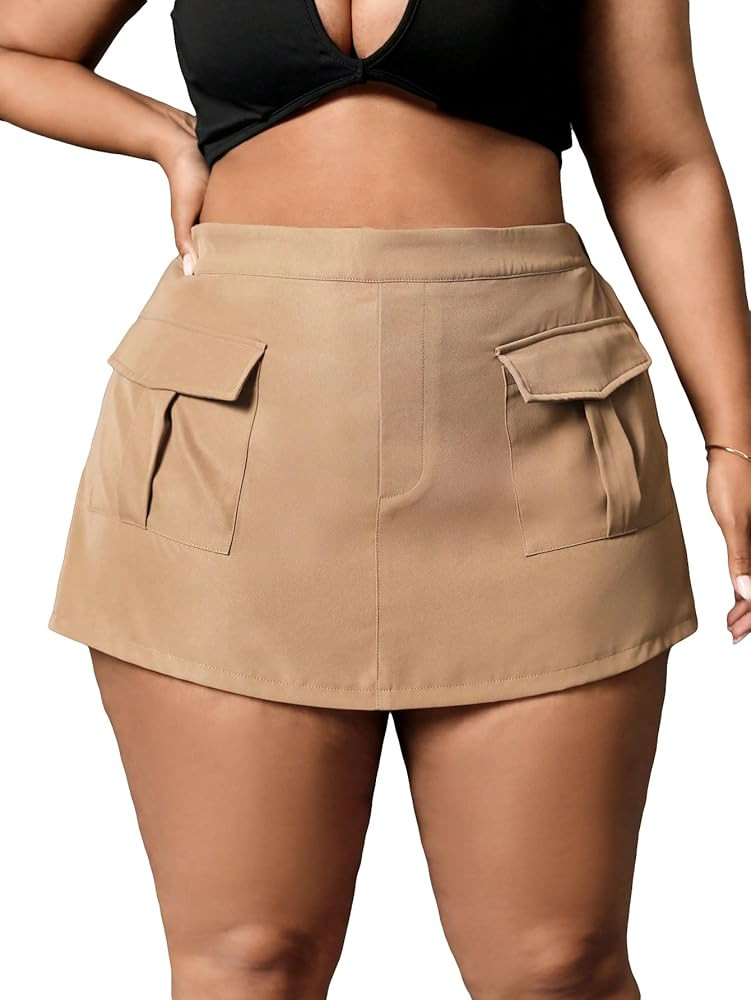 Floerns Women's Plus Size Flap Pocket Skorts Solid Workout Skirt Shorts Khaki 2XL | Amazon (US)