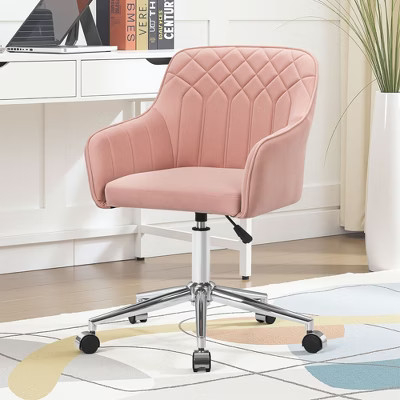 VECELO Pink PU Swivel Vanity Chair with Wheels, Adjustable Accent Office Desk Chair with Back Support and Gold Base for Bedroom, Makeup/Home Office | Target