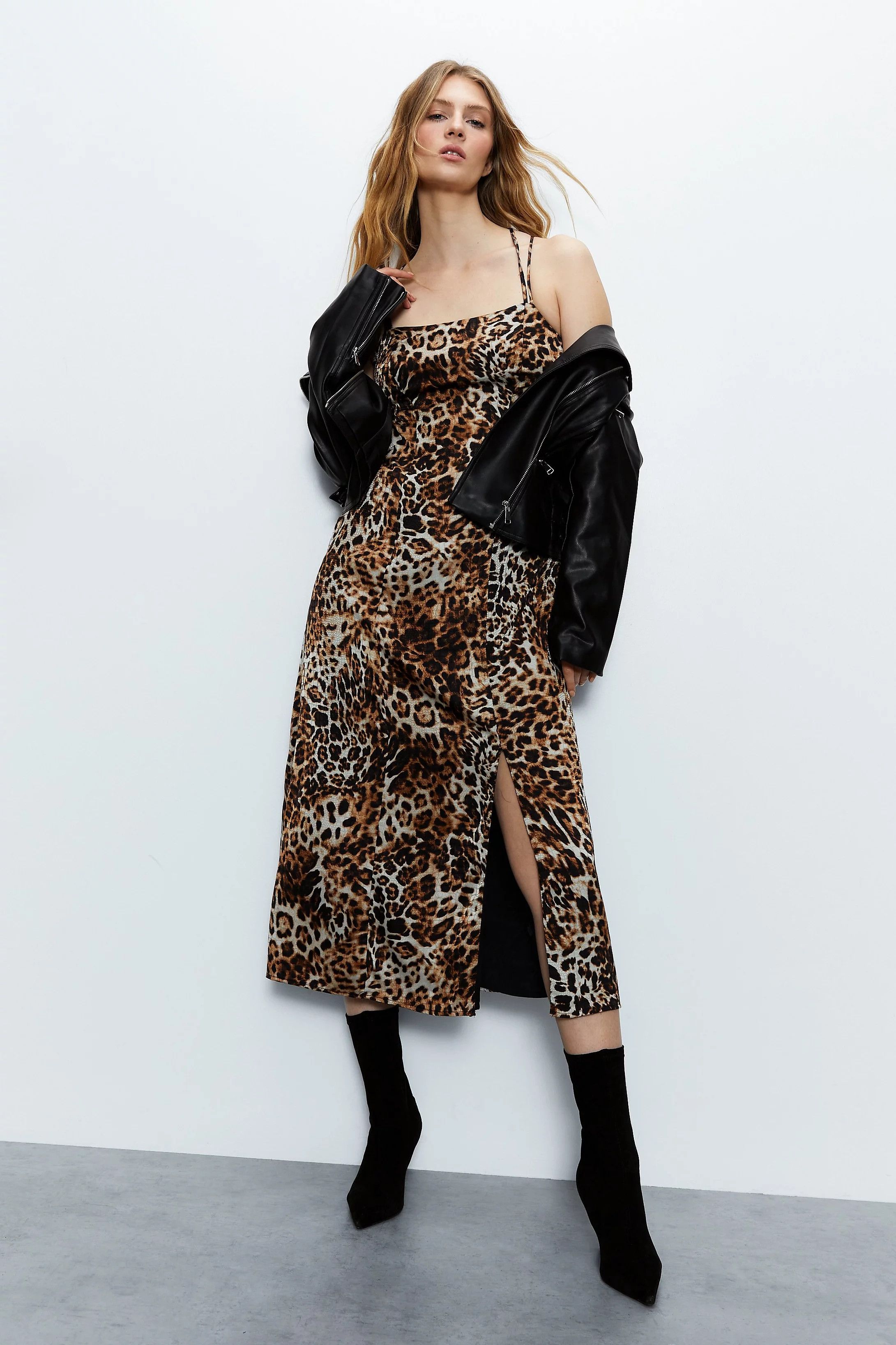 Satin Animal Slip Midi Dress | Warehouse UK & IE