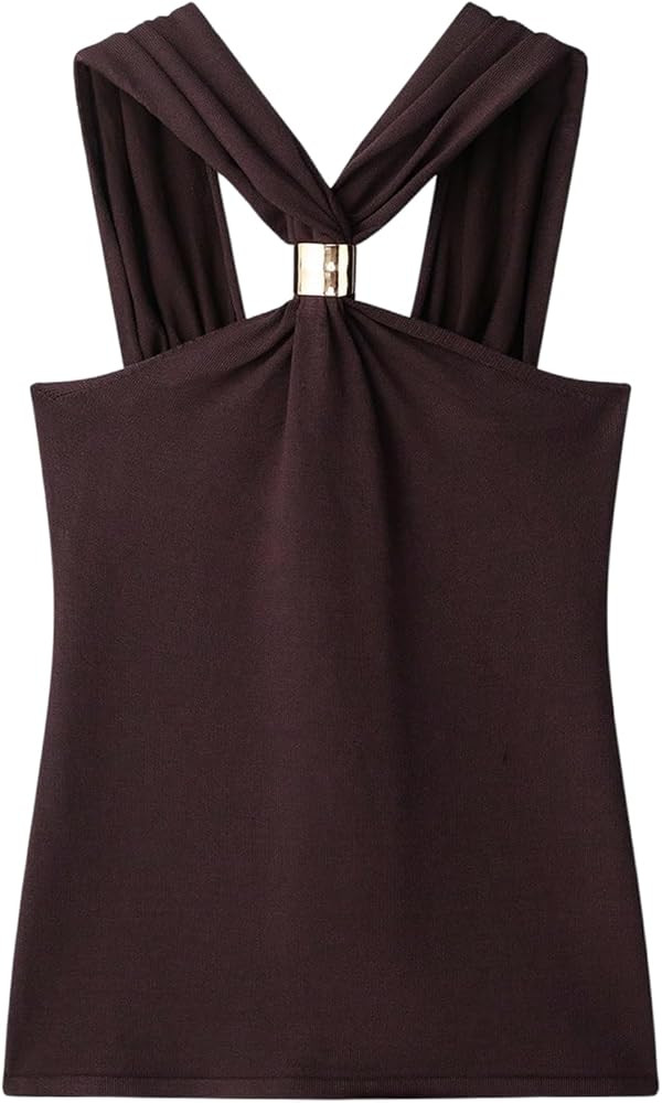 Verdusa Women's Summer Going Out Tops Festival Outfits Metal Criss Cross Sleeveless Halter Top | Amazon (US)