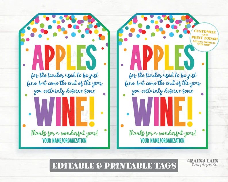 Apples for teacher used to be fine, but you deserve Wine Gift Tag End of School Year Employee App... | Etsy (US)