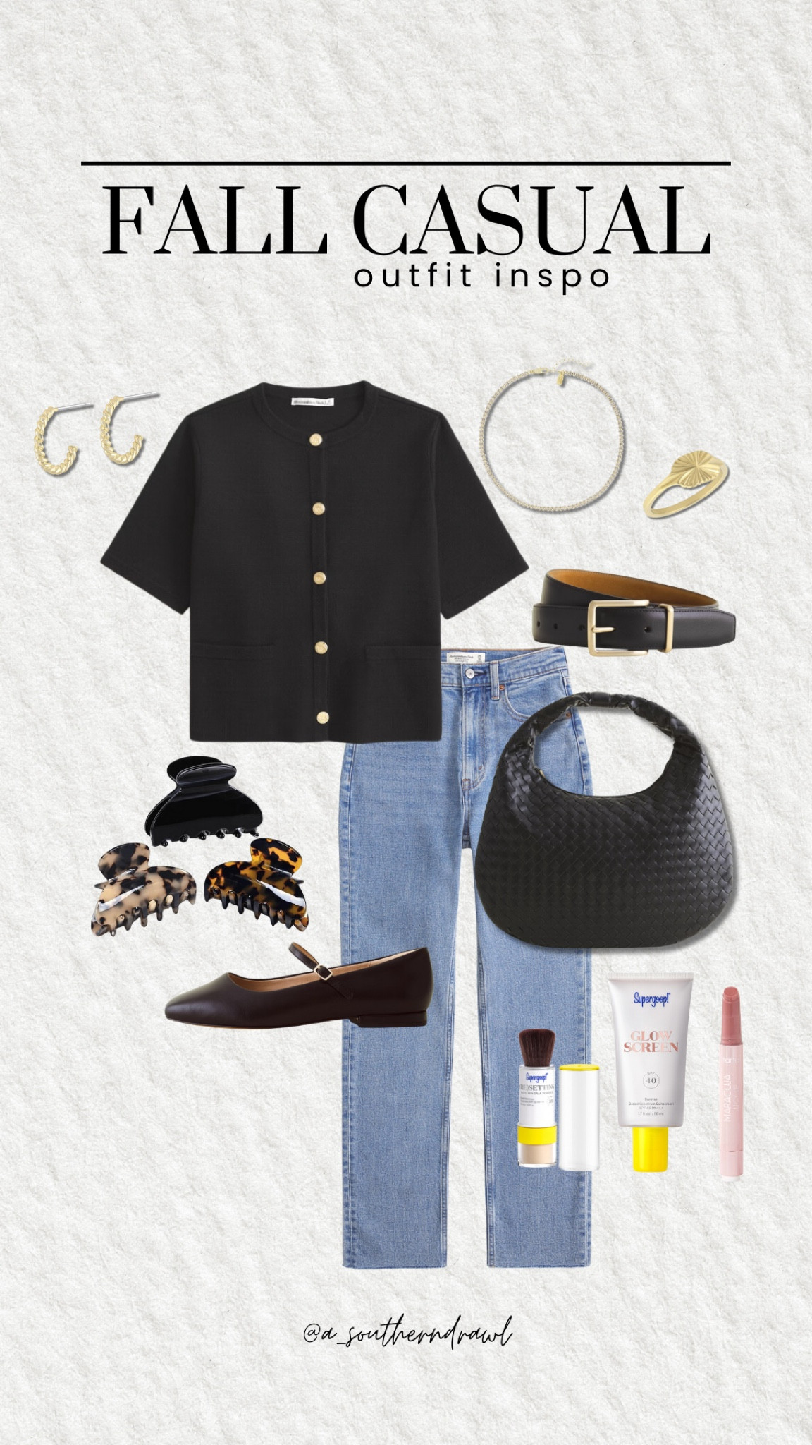 Fall casual outfit inspo🍂✨ Abercrombie is running a 15% sale with orders over $150!

Abercrombie sale, fall casual, fall transitional outfit, Mary Jane flats, French chic outfit idea, hand bag, shoulder bag, 90s curve love jeans, Tarte lipstick, supergoop skincare, clips, hair clip, Amazon, Grace White, A Southern Drawl

#LTKSeasonal #LTKFindsUnder100 #LTKStyleTip