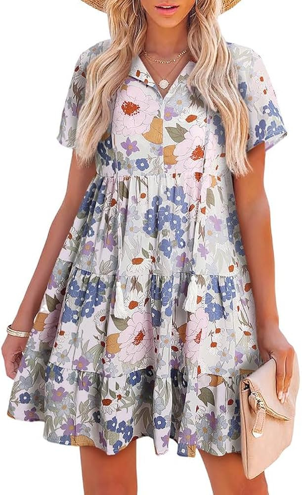 SHEWIN Women's Spring Summer Boho Floral Dresses Casual V Neck Short/Long Sleeve Ruffle Hem A-Lin... | Amazon (US)