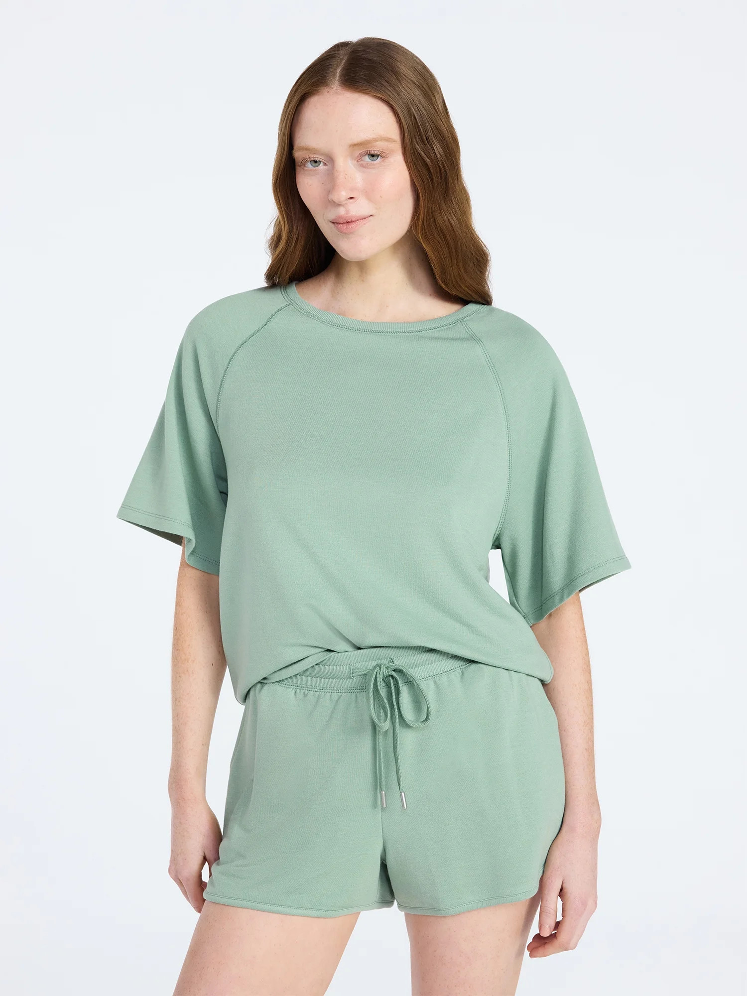 Joyspun Women's French Terry Lounge Sleep Short Sleeve Top and Shorts Set, 2-Piece, Sizes XS-3X | Walmart (US)