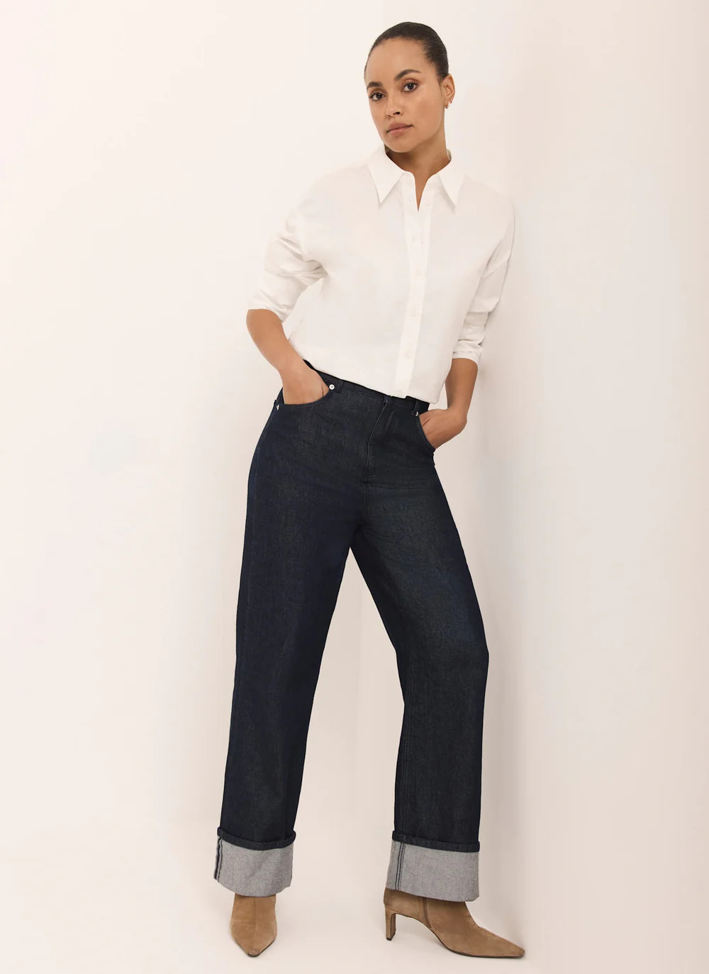 Dark Indigo Wide Turn Up Jeans | Mint Velvet