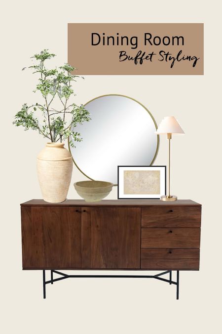 I zhuzhed our dijing room buffet and here’s where I landed. A similar wood buffet with a large vase of greenery, a tall lamp to balance the vase, a round mirror on the wall behind, a horizontal framed art to balance all the round lines and a paper mache bowl to top it off. #diningroomstyling #diningroombuffet #diningroomsideboard #diningroomdecor

#LTKhome
