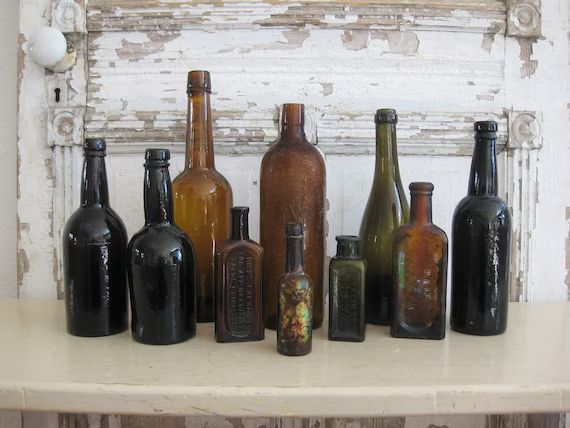 Antique Bottles Amber Set of 10 Embossed Rustic Decor - Etsy | Etsy (US)