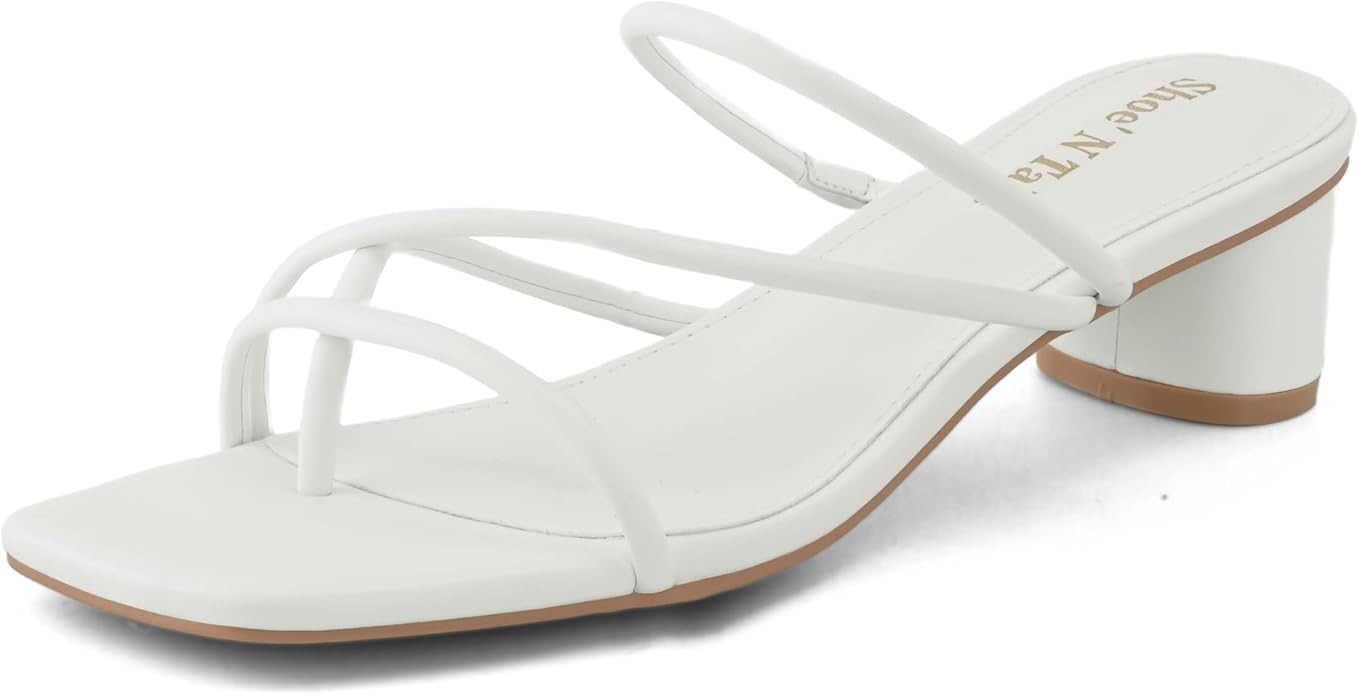 Shoe'N Tale Strappy Heels for Women Chunky Thong Strap Slip On Mules Square Toe Low Kitten Heeled... | Amazon (US)