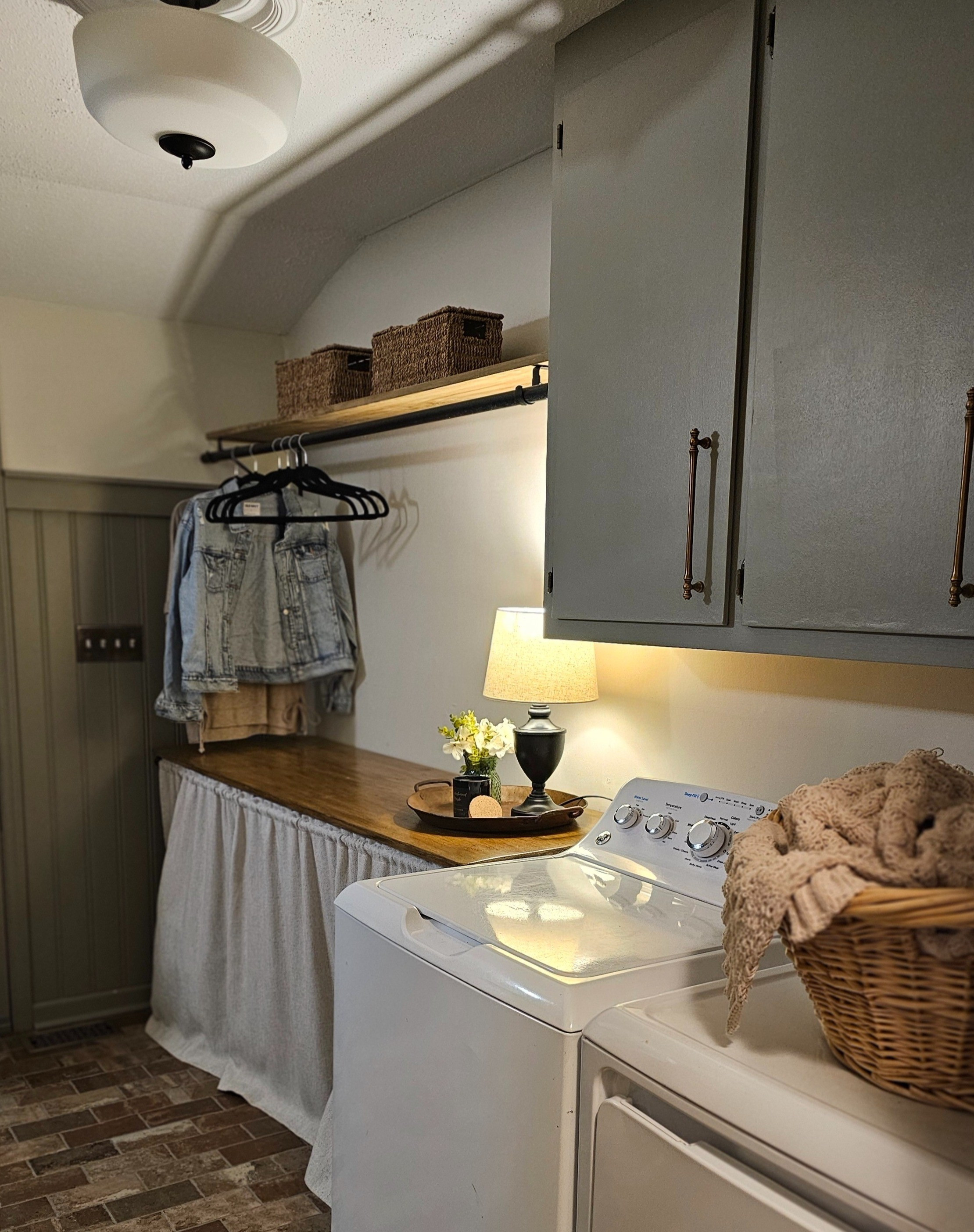 DIY Transitional Modern Laundry Room Makeover ✨️Paint Color is a custom mix but closely resembles Link Gray by SW, white is Natural Choice by SW ✨️ brick floor, green laundry room, laundry makeover, diy home, diy project, sherwin williams

#LTKHome #LTKSaleAlert