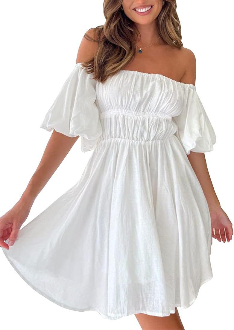 MEROKEETY Women's Puff Sleeve Off Shoulder A Line Dress Ruffle Shirred Summer Mini Dress with Pocket | Amazon (US)